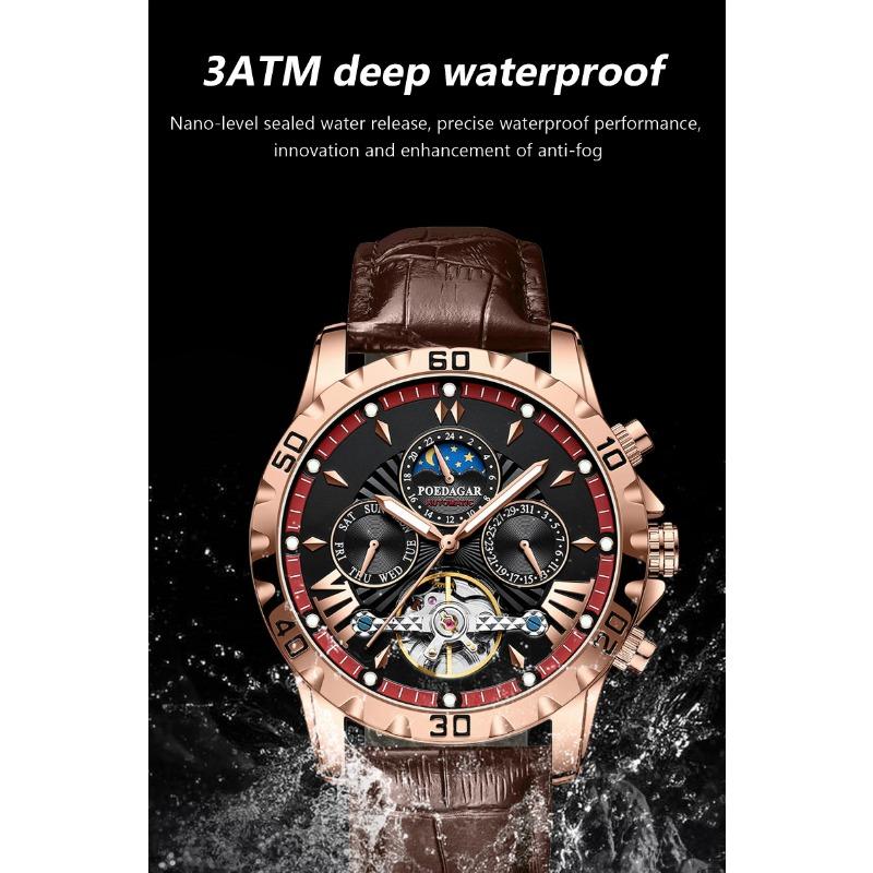 POEDAGAR Tourbillon Automatic Mechanical Wristwatch Waterproof Luminous Date Week Leather Men Watch Luxury Fashion Watches