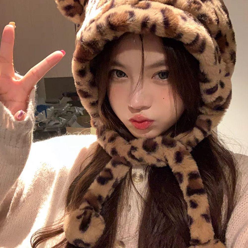 Korean Style Plush Bear Hat Leopard Print Ear Protection Hat Warm Cartoon Fleece Hat  Girls