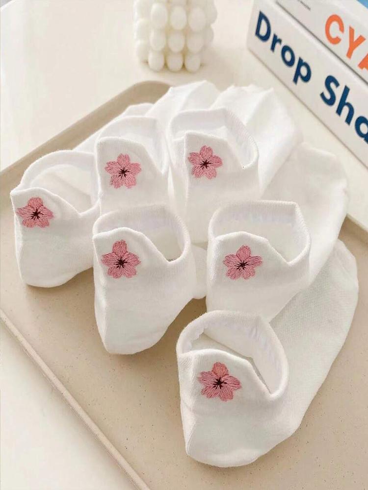 5 Pairs Women Cartoon Short Socks Trendy Versatile Cute Flower Pattern Socks Sweat Absorbing Breathable Soft And Casual Socks