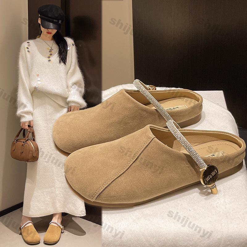 Женская обувь 2025 Лето Новые Винтажные Туфли-полушлепки со стразами Уличные Удобные Мягкая подошва Металлическая отделка Женские сандалии