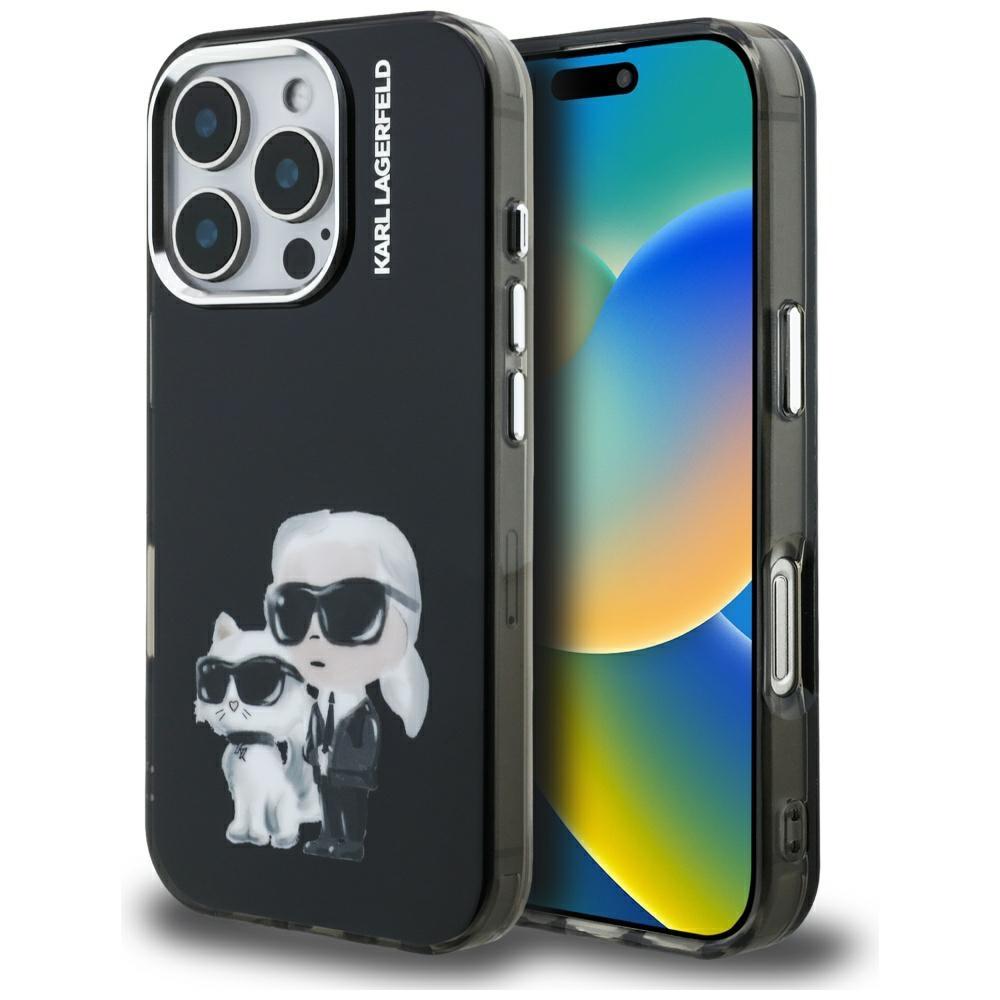 Karl Lagerfeld IML Aquarelle Karl & Choupette & Logo Case for iPhone 16 Pro Max Black