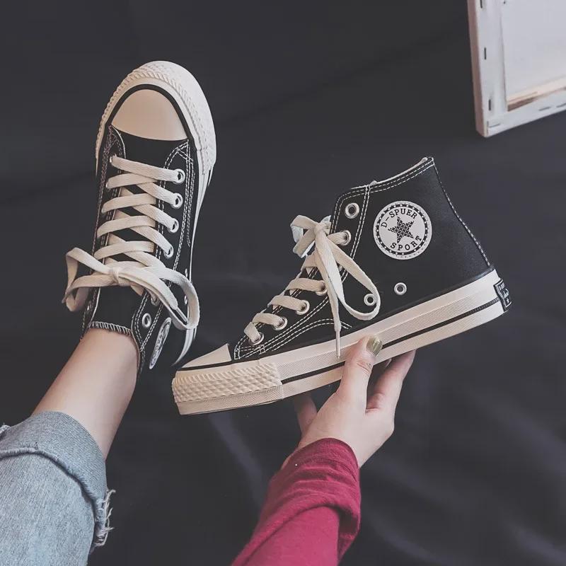 DDOO Women's High-Top Black Canvas Sneakers - Ulzzang Style for Spring and Autumn 2024.