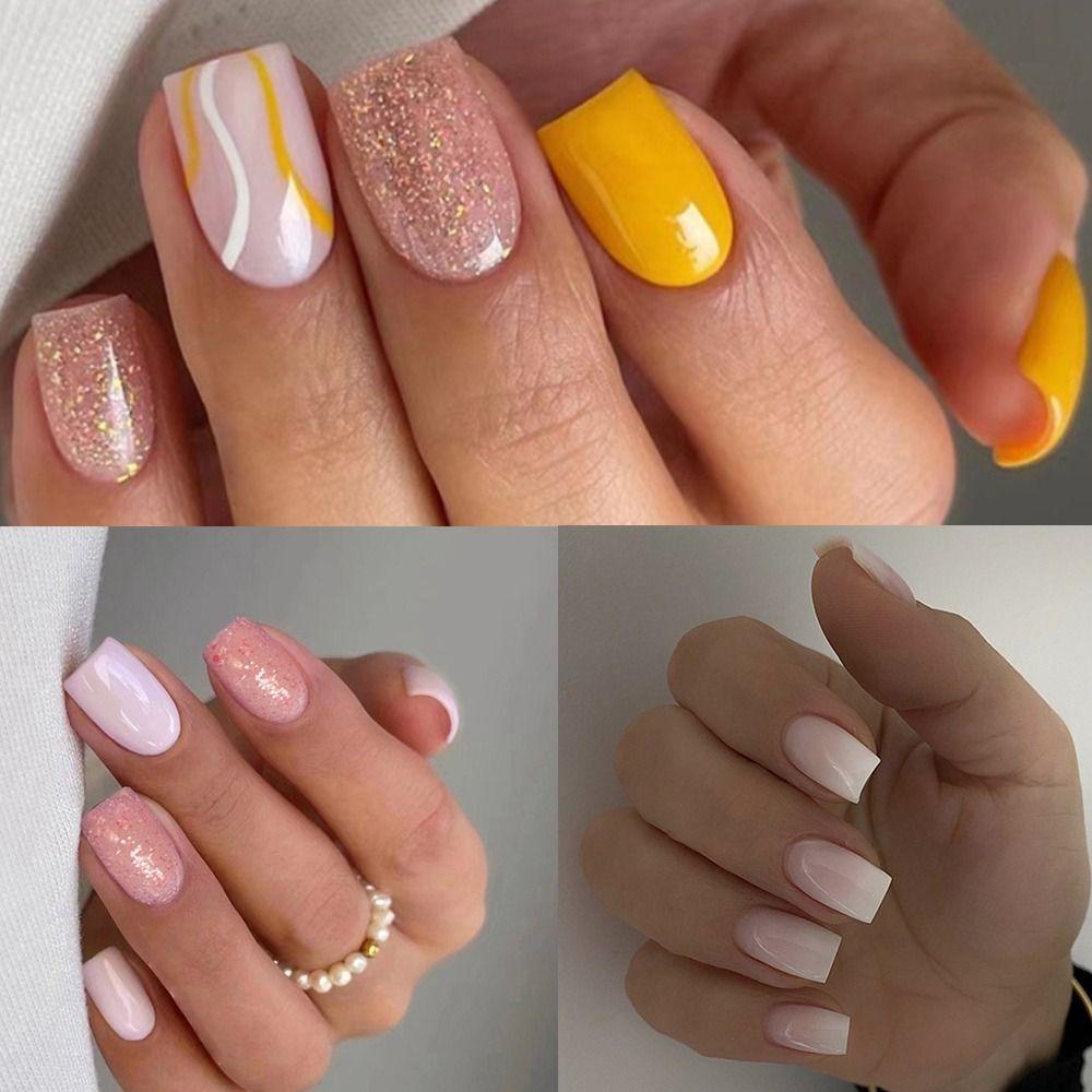 Long Square Fake Nials Pink White Orange Nail Tips Fashion False Nails DIY