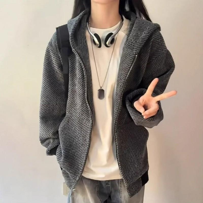 Unisex Hooded Zip-Up Sweatshirt Striped Casual Jacket Loose Fit Streetwear