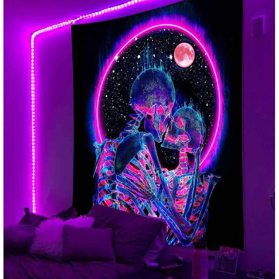 Onivein Blacklight Skull Tapestry Glow In The Dark Tapestry The Kissing Lovers UV Reactive Neon Moon Stars Tapestries Posters Wall Hanging for
