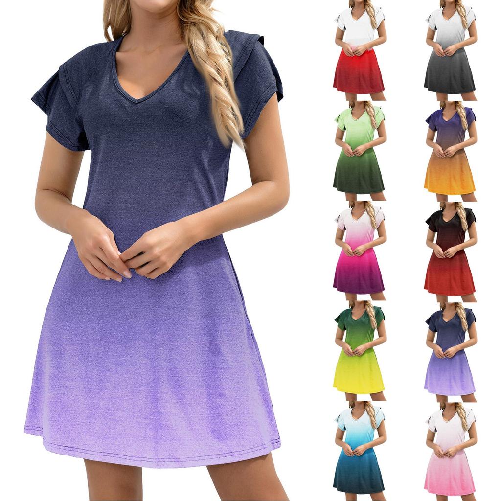 Women's Casual V-Neck A-Line Dress With Short Ruffled Edge Cuff Pocket Dress Cuff Pocket Dress