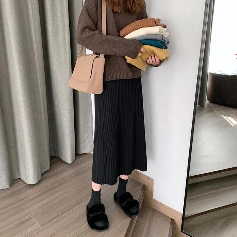 WTEMPO Однотонные трикотажные юбки трапециевидной формы, женские прямые миди в корейском стиле, элегантные, шикарные, весенне-осенние, теплые длинные юбки