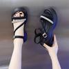 French Small Fragrant Roman Sandals Women's Summer 2025 New Thick-soled Leather Surface Rhinestone One-word Strap with Skirt Beach Shoes