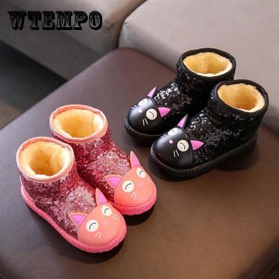 Зимние непромокаемые хлопковые сапоги, нескользящие плюшевые полусапожки для девочек, детские зимние сапоги с мультяшными пайетками