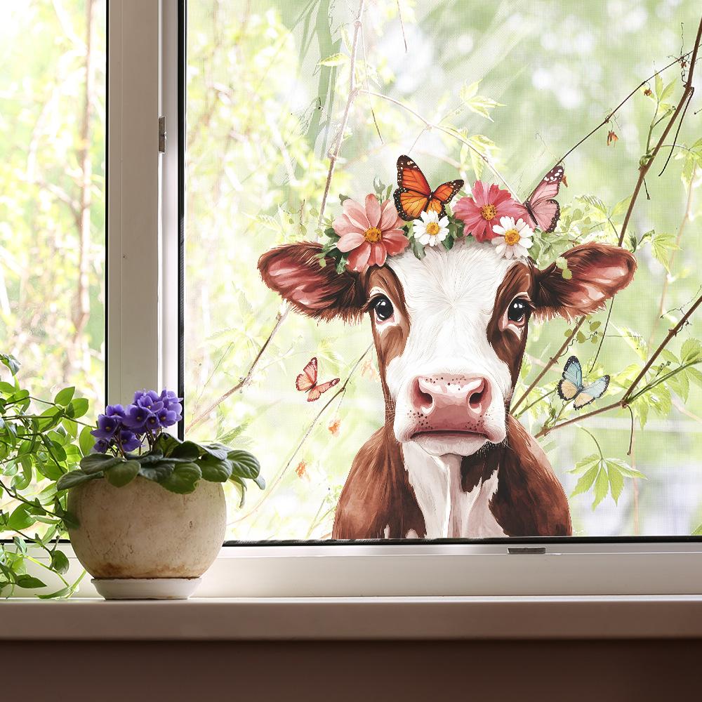 Cow Butterfly Flower Glass Window Sticker