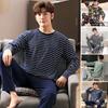 2Pcs/Set Men Pajamas Set O-Neck Long Sleeve Striped Print Tops Elastic Waist Long