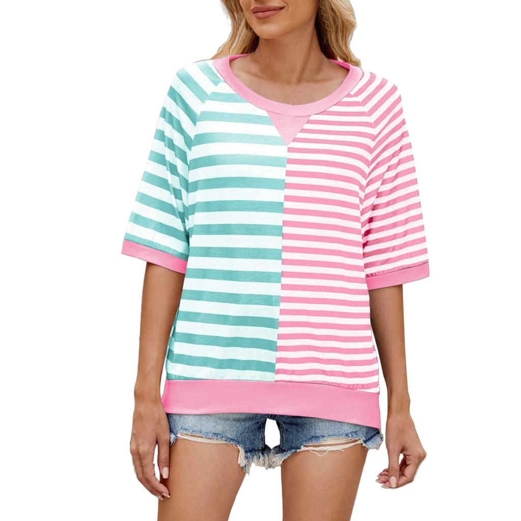 Women's Striped Colorblock Round Neck Loose Short-sleeved Pullover Top