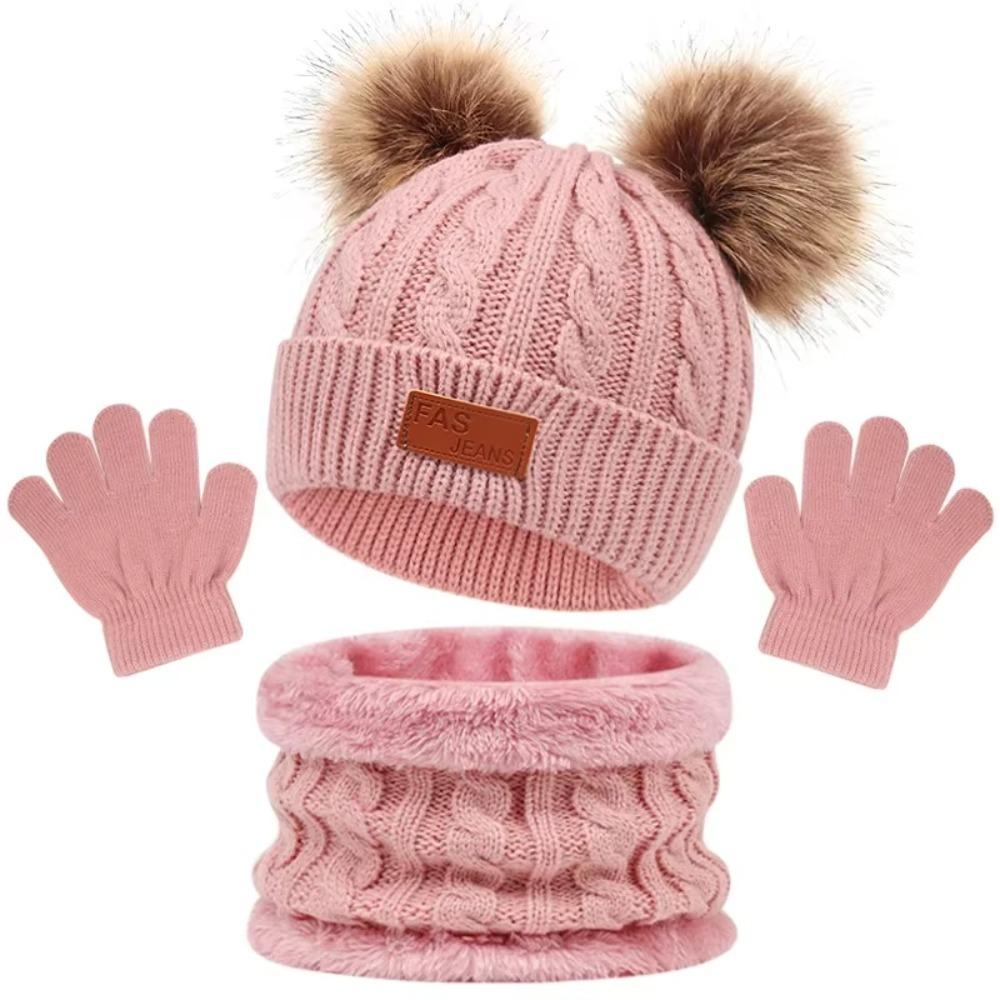 3pcs Windproof Toddler Bonnet Solid Color Pompom Knitted Hats New Baby Hat Scarf Gloves Set Winter