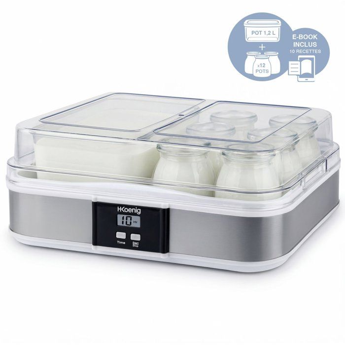 Yaourtiere HKoeNIG - ELY120 - Capacité 12 pots en verre de 160ml + 1 pot a fromage blanc (1,2L) - Programmable jusqu'a 15h - 15W