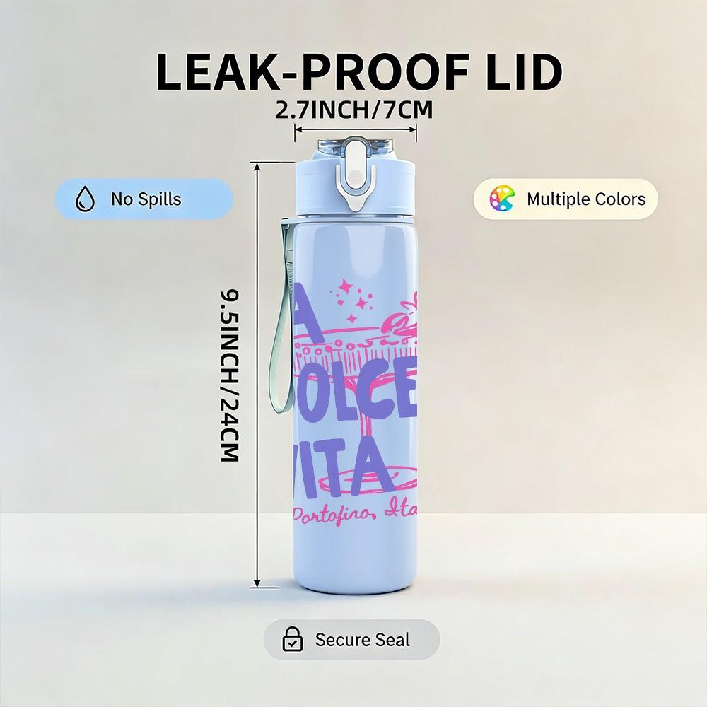 1PC La Dolce Vita Purple Text Print 750ml Color Plastic Sports Water Bottle Leakproof Flip Straw Lid Suitable for Sports Office Home Use