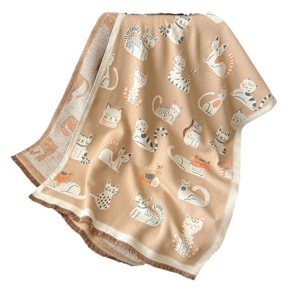 Двусторонний милый кашемировый шарф с котенком - Женский модный зимний шарф-шаль для согревания шеи