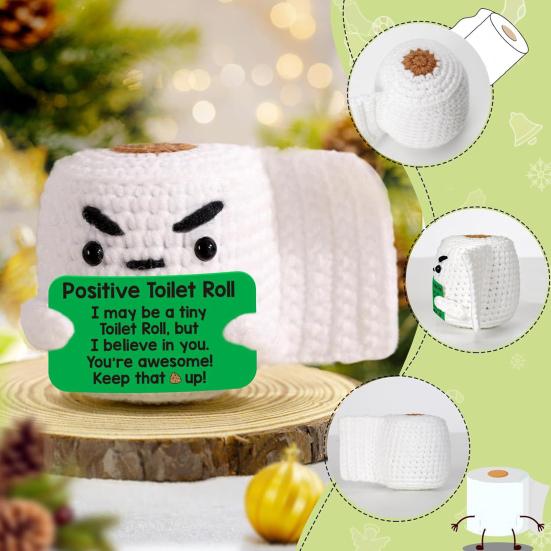 Crochet Toilet Roll with Positive Card Mini Handmade Knitting Roll Paper Doll Stress Relief Toy Home Office Desktop Decoration Ornament
