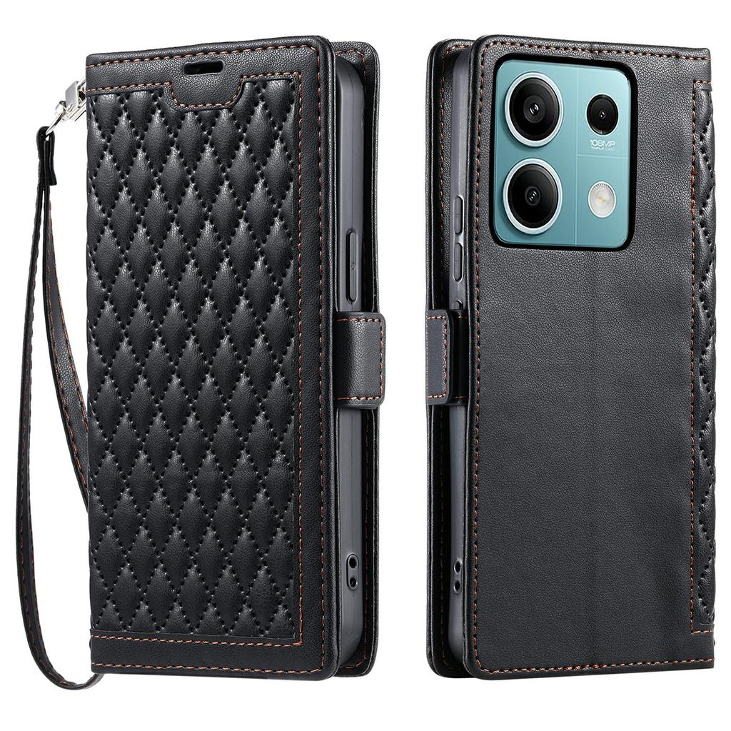 For Xiaomi Redmi Note 13 5G Leather Case Rhombus Texture Wallet Stand Phone Cover with Wrist Strap