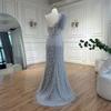 Grey sexy feather one-shoulder evening dress socialite host banquet performance fishtail dress LA11111