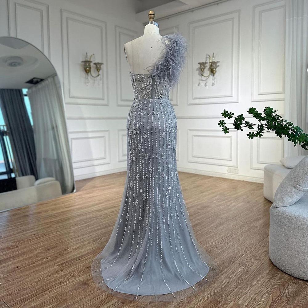 Grey sexy feather one-shoulder evening dress socialite host banquet performance fishtail dress LA11111