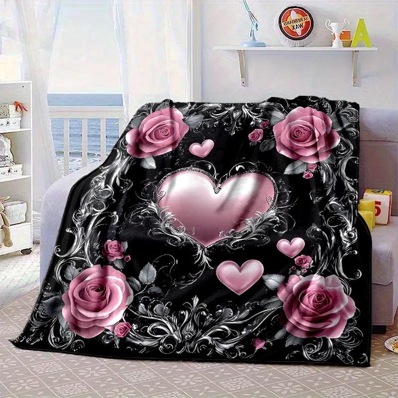 Pink Roses And Hearts Blanket Flannel Blanket for bed, sofa, Camping, Hiking, Picnic Essentials, gift for family Fan gifts
