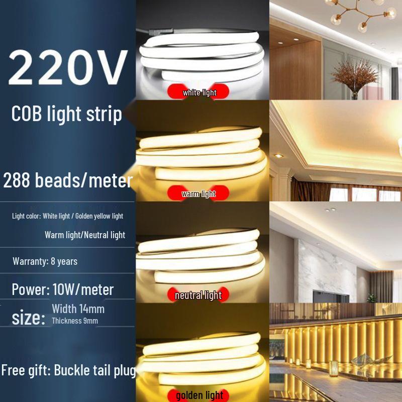 Светодиодная лента COB 220В: Суперяркий, Водонепроницаемый, Самоклеящийся, Покрыт силиконом для Домашнего и Наружного Использования