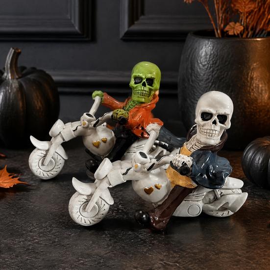 Unique Motorcycle Enthusiast Gift Halloween Skeleton Riding Figurine, Gothic Spooky Statue for Home Gifts Skull Collectors Garden, Resin Biker