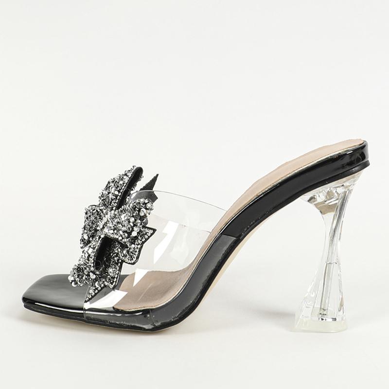 Liyke Модные серебряные блестящие бабочки с бантом женские прозрачные тапочки летние квадратные носки прозрачные босоножки на высоком каблуке женская обувь