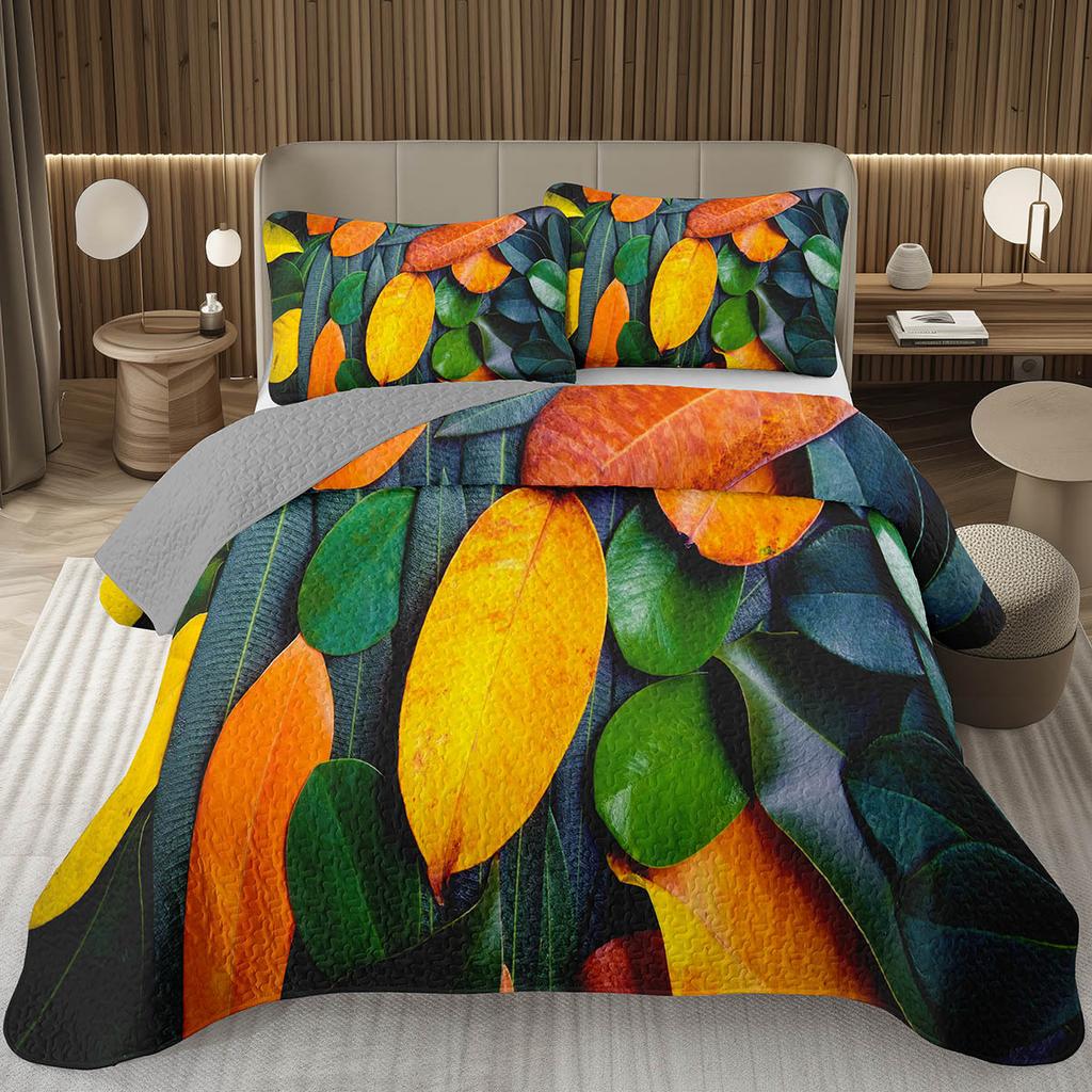 Green Leaves Bedspread Twin Queen Size Farmhouse Botanical Plant Coverlet Sets Spring Nature Leaf Quilt Set for Kids Teen Adults