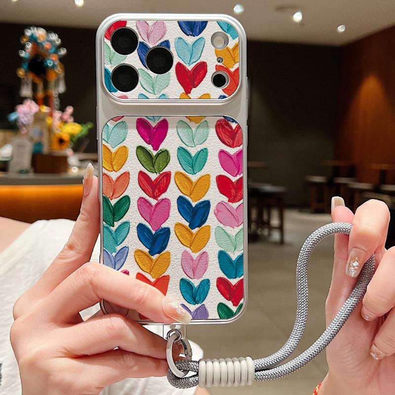 Мини чехол-кошелек с ремешком из кожи в форме сердечек для iPhone 18 Pro Max Гибридный TPU+PU Противоскользящая мягкая крышка для iPhone 17 16 15 14 13 Pro Max
