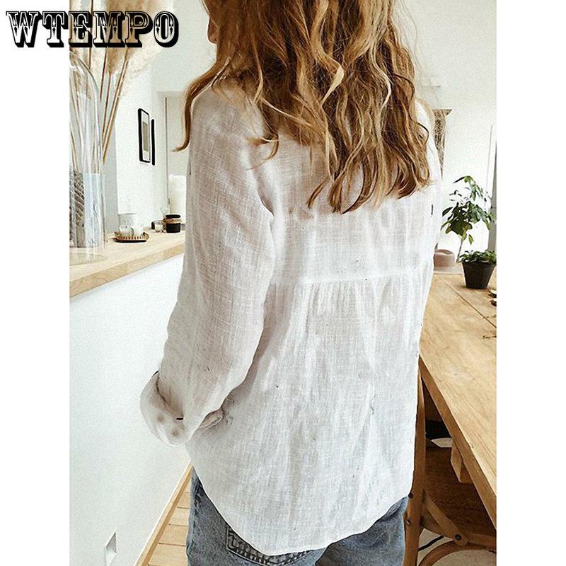 WTEMPO Офисные женские однотонные футболки с отложным воротником, женские весенние повседневные свободные рубашки с длинным рукавом на пуговицах, льняные рубашки на пуговицах