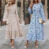 Женское весеннее платье с длинным рукавом и цветочным принтом, О-образным вырезом, летнее повседневное платье А-силуэта длиной до щиколотки, эластичное, с высокой талией, свободное платье