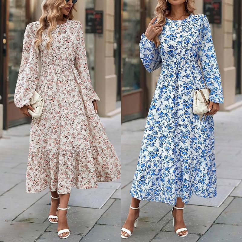 Женское весеннее платье с длинным рукавом и цветочным принтом, О-образным вырезом, летнее повседневное платье А-силуэта длиной до щиколотки, эластичное, с высокой талией, свободное платье