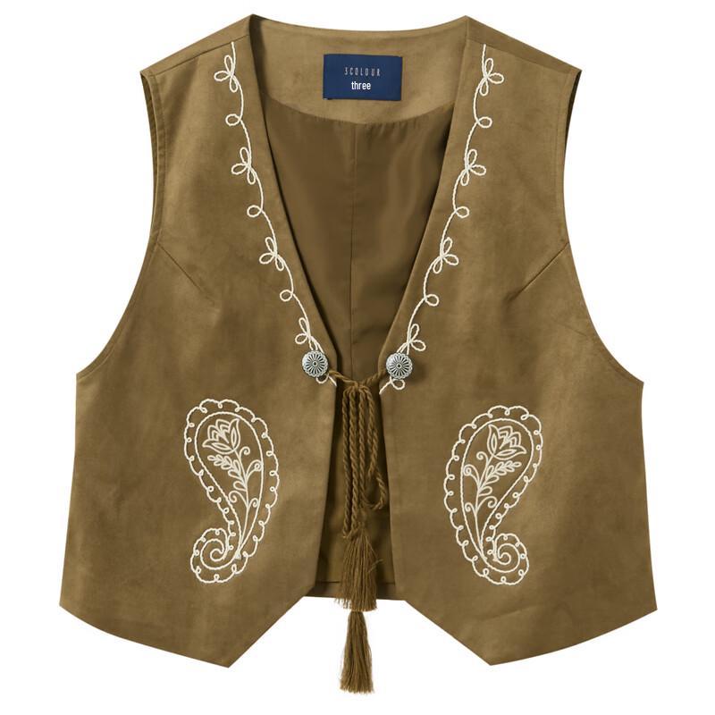 Sancai 2025 Осень Жилет с V-образным вырезом из искусственной замши в стиле бохо с бахромой