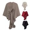 Women Cloak Shawl V-neck Solid Color Plush Ball Decor Cross Design Warm Versatile Knitting Shawl Daily Commuting Wear