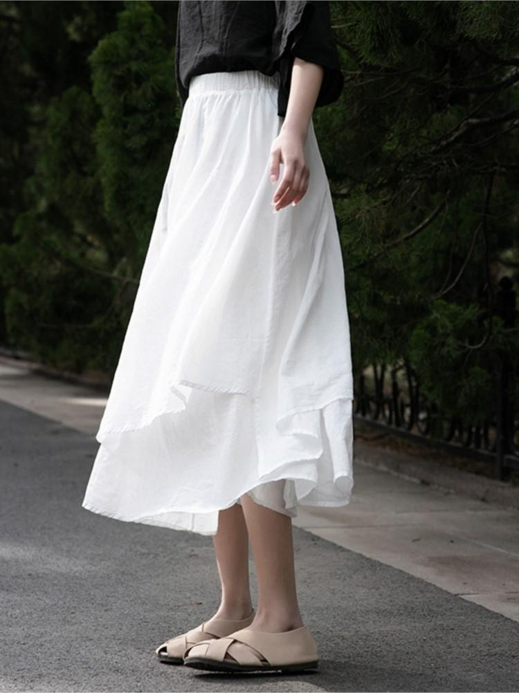 Johnature Женские винтажные нерегулярные юбки с эластичной резинкой на талии, летняя повседневная женская одежда, двойные хлопковые льняные юбки
