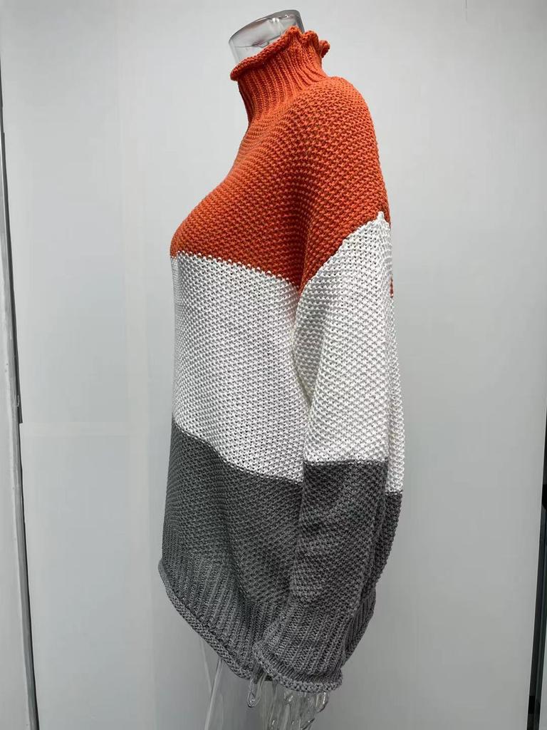 Мягкие элегантные базовые трикотажные топы, пуловеры, модные осенне-зимние трикотажные женские толстые линии с цветными блоками, с высоким воротом, повседневные, с длинными рукавами, пуловеры