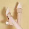 High-end, Pointed Toe Thick Heel Bag Head New Style One-foot Mid-heel Rivet French Half-slippers for Women