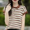 POLO Collar Pure Cotton Knitted Short-sleeved Women's Summer Fashion Versatile Striped T-shirt Sweat-absorbing Base Shirt Top