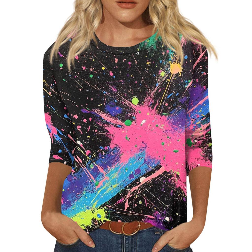 Женская модная повседневная футболка с рукавом семь восьмых, принтом и круглым вырезом