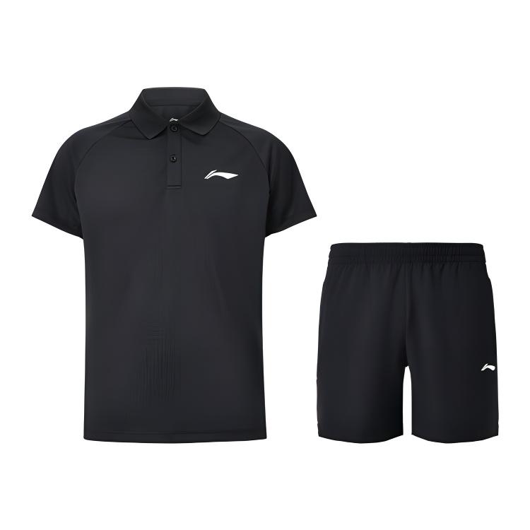 Li-Ning Minimalist Daily Breathable Comfortable Polo Short Sleeve Solid Color Versatile Quick-Dry Cool Shorts Casual Sports Set APLU961-1+AKSU789-3