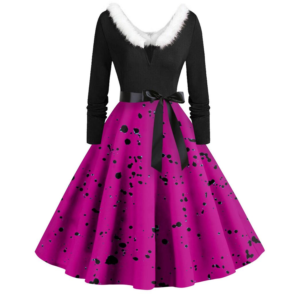 Женское повседневное и модное платье с длинными рукавами, V-образным вырезом и принтом в горошек, застегивающееся на молнию