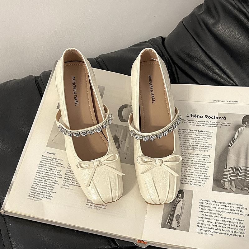 French bow thick heel high heels women's summer 2025 new rhinestone square head single shoes shallow mouth Mary Jane shoes