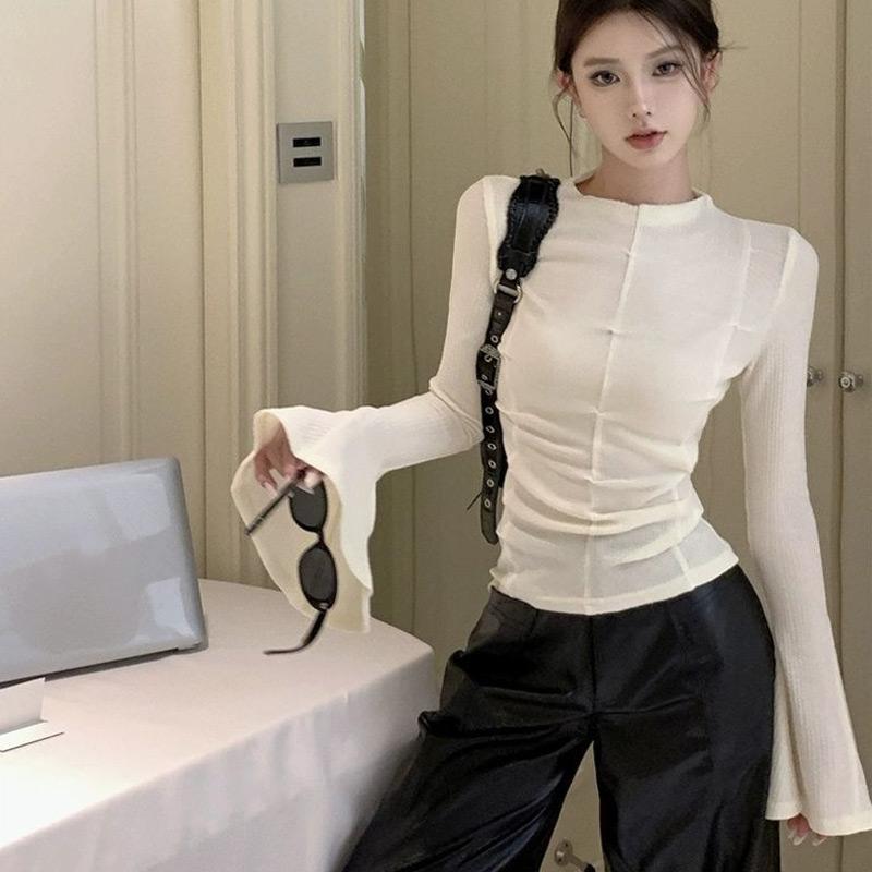 Женская мода расклешенные рукава футболки пэчворк простые досуг женские элегантные тонкие пуловеры топы