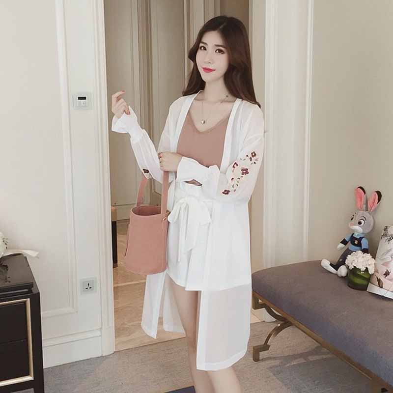 Summer Women's Cardigan Long Sleeved Sunscreen Chiffon Shirt Medium Long Anti Ultraviolet Embroidered Shawl Ultrathin Coat
