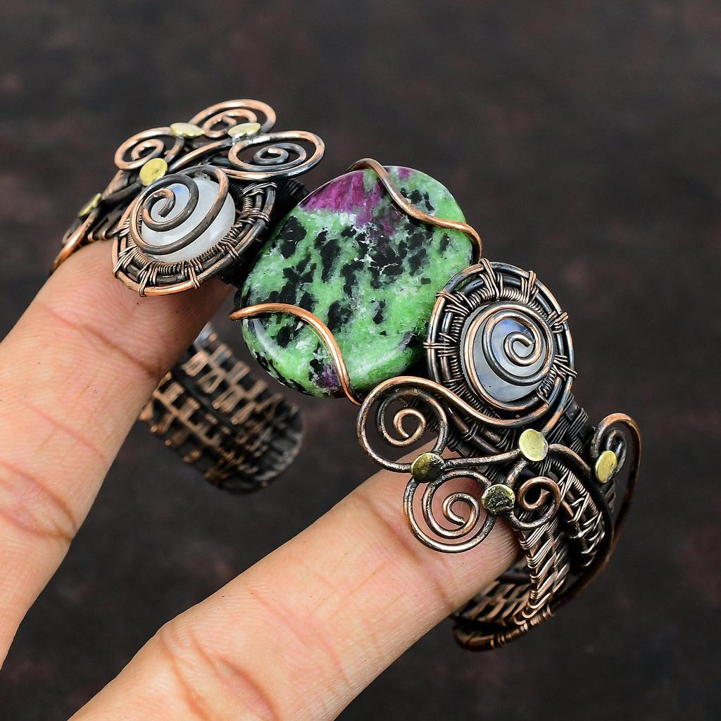 Ruby Zoisite Cuff Bracelet Copper Wire Wrapped Gemstone Cuff Rainbow Moonstone Bangle Handmade Jewelry Adjustable Cuff Bracelet Gift For Mom