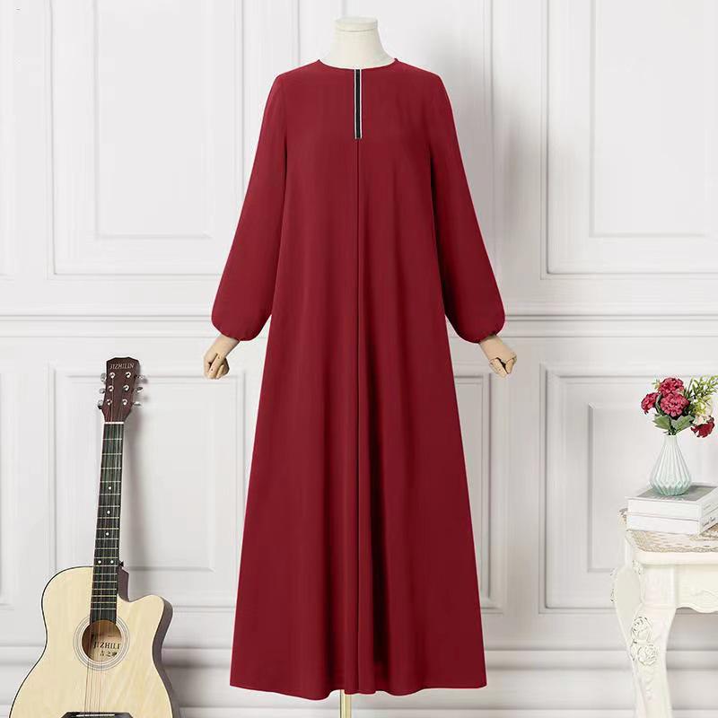 Middle Eastern Muslim Solid Color Long Sleeve Loose Round Neck Dress