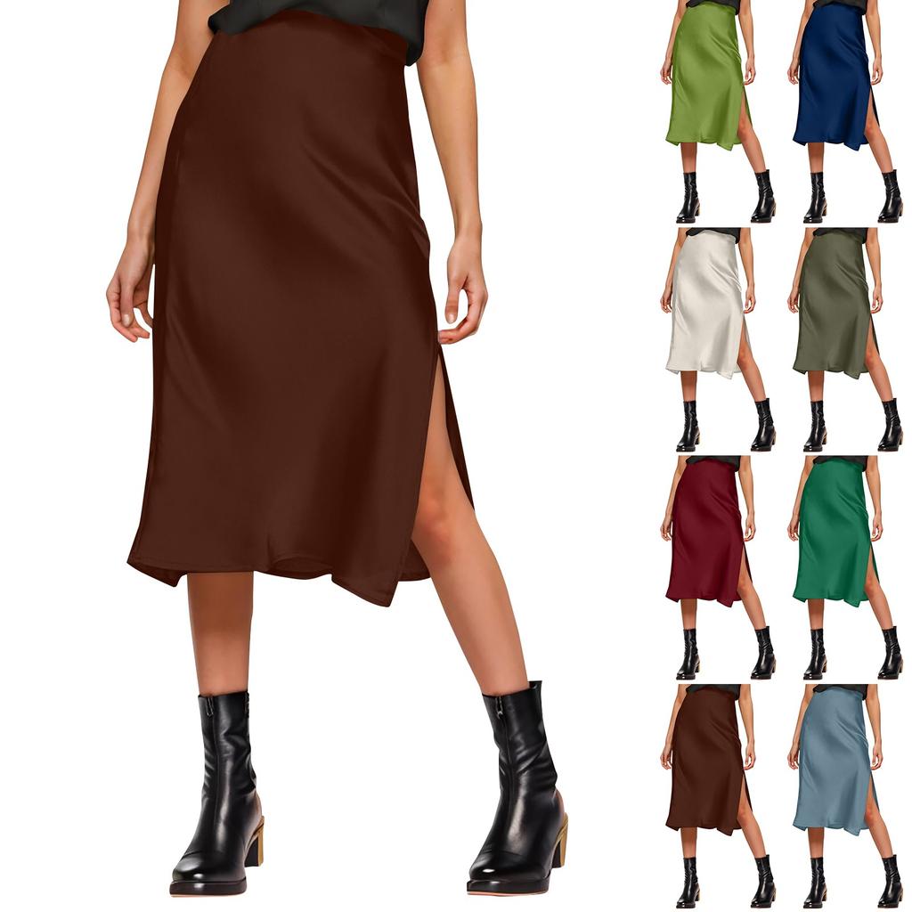 Women's High-Quality Satin Half Skirt With Elastic High Waist Solid Color Split Mid Length Skirt
