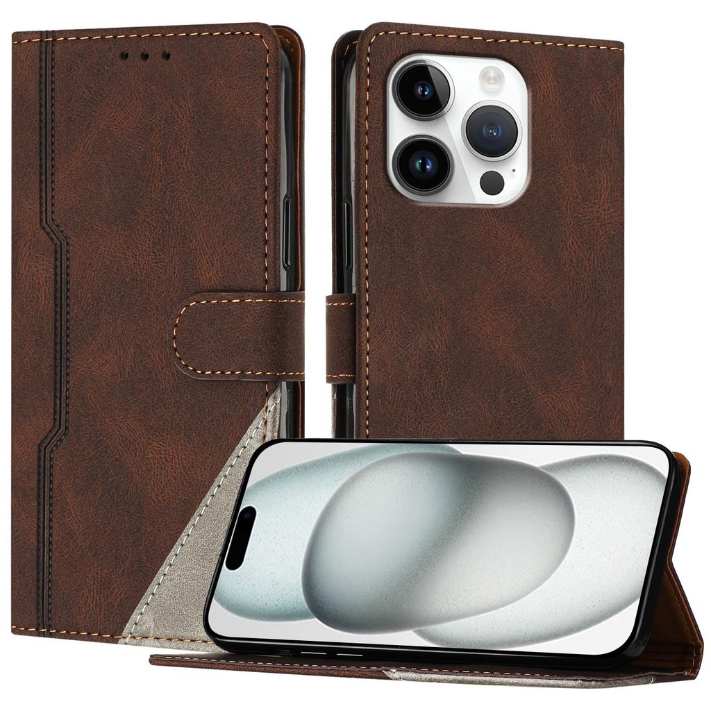 For iPhone 16 Pro Leather Case Triangle Patchwork Wallet Stand Shockproof Phone Cover