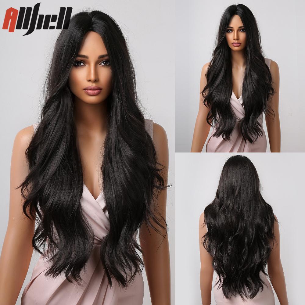 Длинные черные парики из синтетических волос со светлыми челками, естественная волна для женщин, костюм для косплея на Хэллоуин, парик, термостойкий для вечеринок
